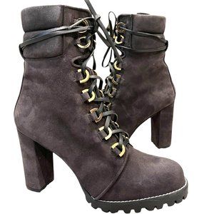 Stuart Weitzman Size 8.5M Gray Suede Shackleton Lace Up Heeled Combat Boots